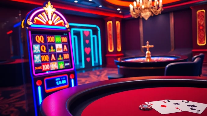 Experience excitement with QQALFA at a vibrant online casino featuring luxurious slot machines and poker tables.