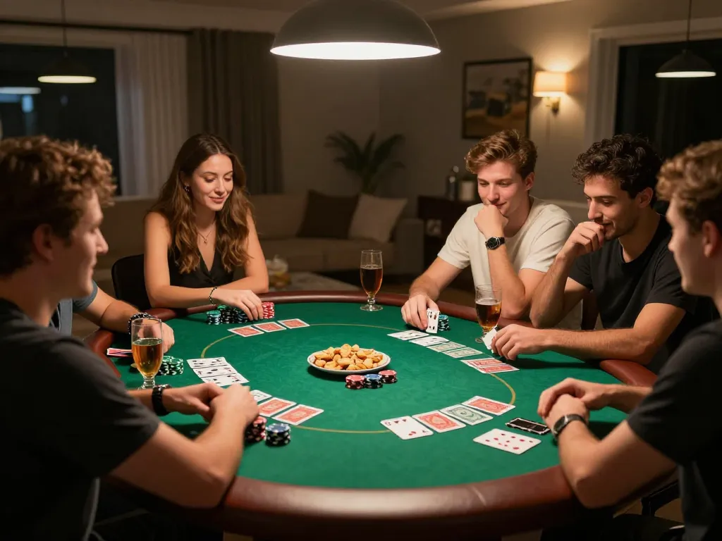 Friends enjoying private poker night while using https://www.mnm88.com/ for online betting strategies and tracking.