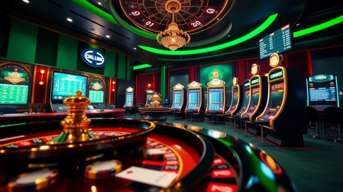 An engaging casino scene featuring the OK9 Link interface with roulette tables and vibrant poker chips.