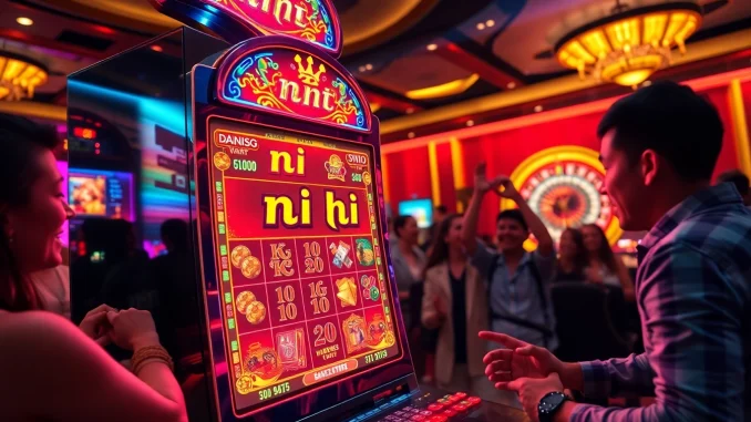 Players enjoying a thrilling moment at the nổ hũ slot machine in a luxurious casino.