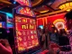 Players enjoying a thrilling moment at the nổ hũ slot machine in a luxurious casino.