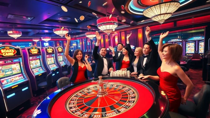 Players enjoying a thrilling game at ee88 casino amidst vibrant lights and luxurious decor.
