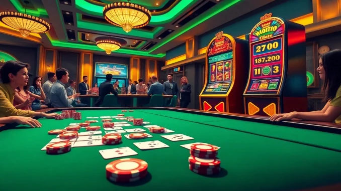 Exciting gambling moment at Okfun's casino with vibrant poker chips and digital slot machine.