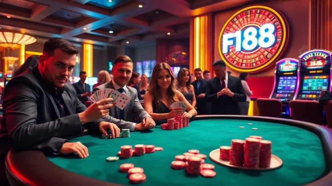Players enjoying poker at F168 casino, surrounded by vibrant chips and an exciting atmosphere.