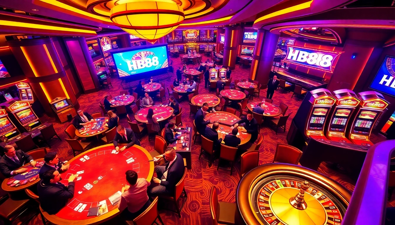 HB88 casino floor showcasing players at poker and roulette tables under vibrant lights.