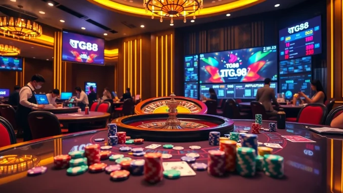 TG88 engaging casino atmosphere with vibrant tables, poker chips, and a roulette wheel.