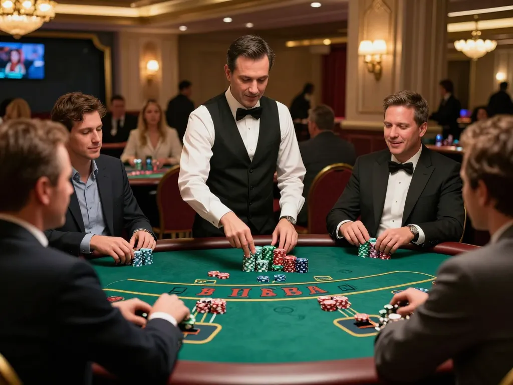Players betting strategically at a blackjack table, highlighting tỷ lệ kèo nhà cái and engaging casino atmosphere.
