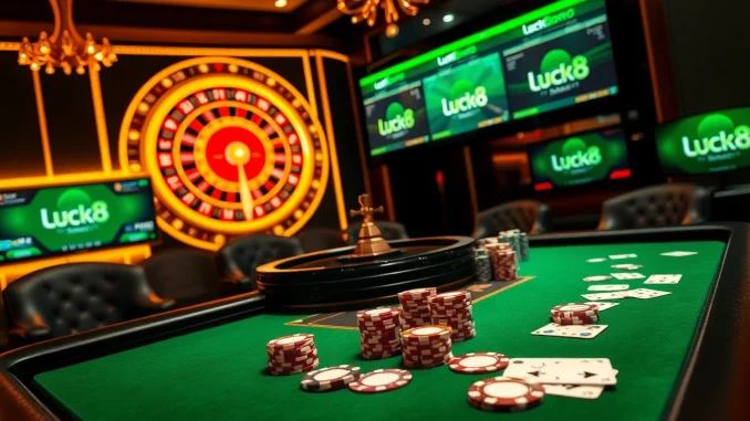 Luck8 gaming table with poker chips and cards in an elegant casino setting.
