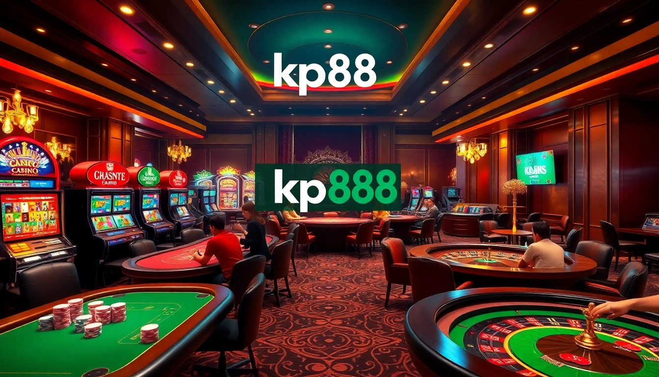 Engaging scene at kp88 casino with vibrant tables, poker players, and slot machines.