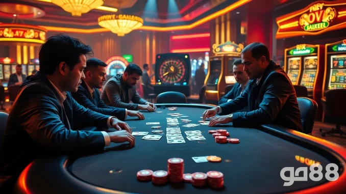 High-stakes poker action at GG88 casino featuring engaged players, vibrant chips, and dynamic roulette backdrop.