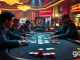 High-stakes poker action at GG88 casino featuring engaged players, vibrant chips, and dynamic roulette backdrop.