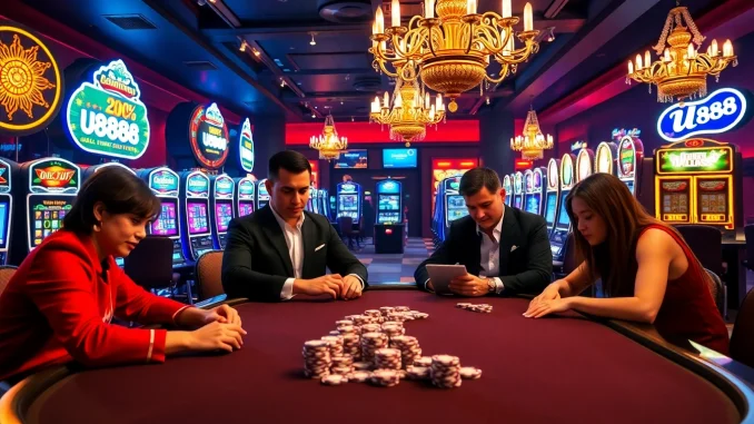Engaged players enjoying a luxurious U888 poker game in a vibrant casino atmosphere.