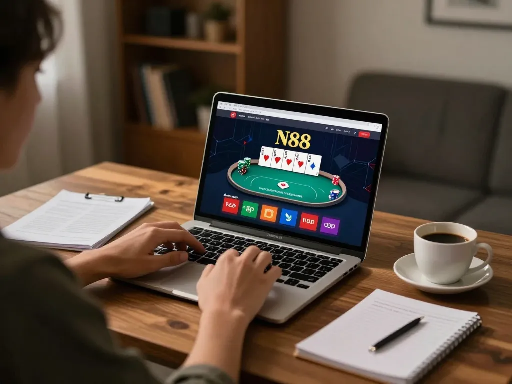 N88 online casino gameplay in a cozy workspace with strategic notes and laptop display