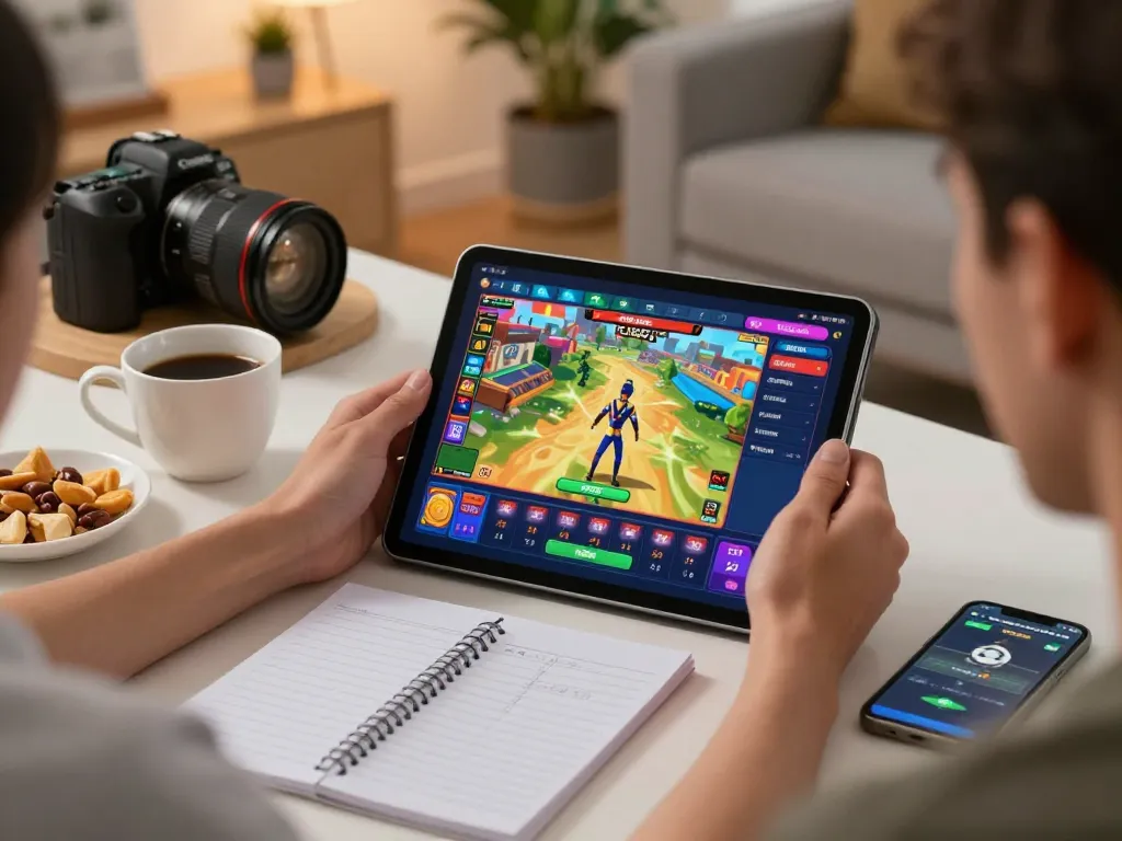 Engaging gameplay on gta togel with a player using a tablet in a cozy living room setup, showcasing excitement in online gambling.