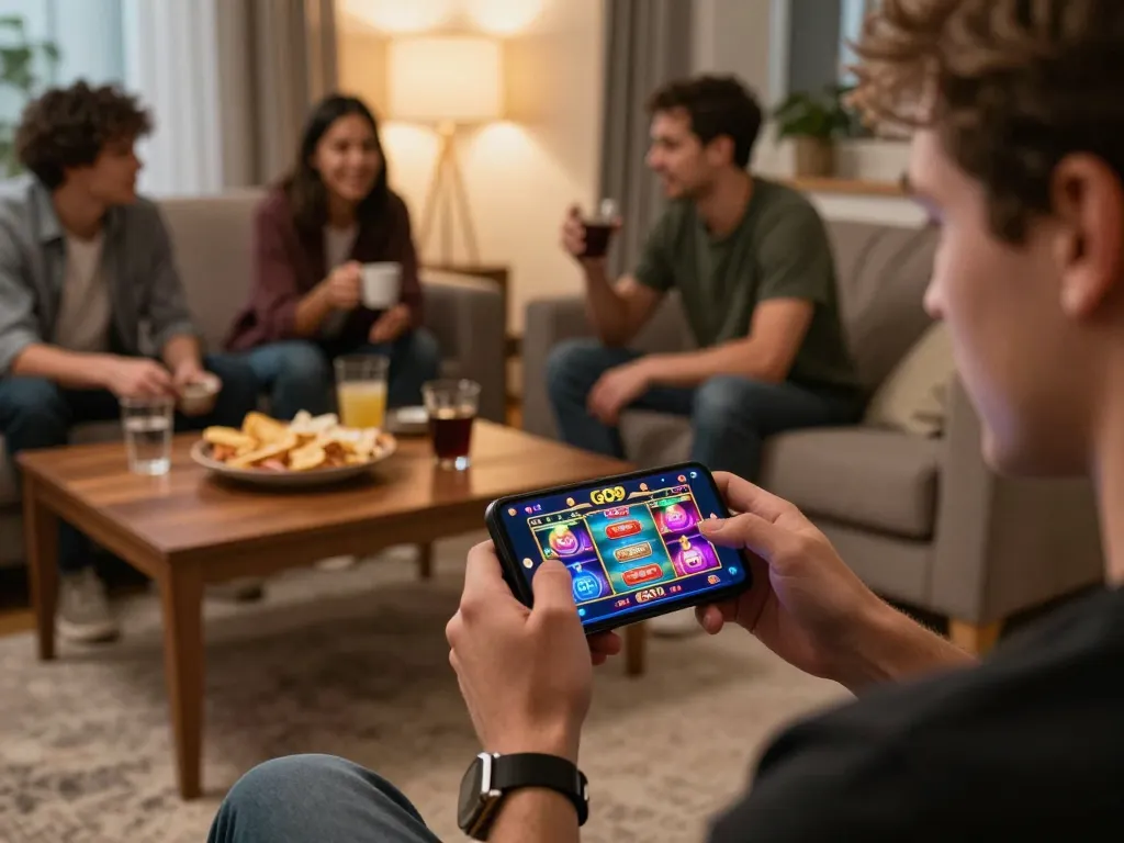 Engaging with the GO99 casino app during an online gaming session at home.