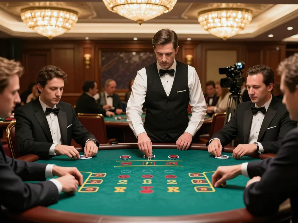 Engaged players enjoying baccarat at vu88 casino table with professional dealer overseeing gameplay.