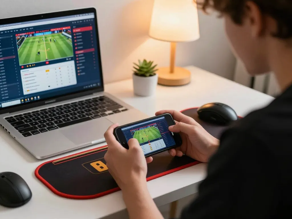 Player engaging with hytw3339 mobile app for live dealer game in stylish workspace.