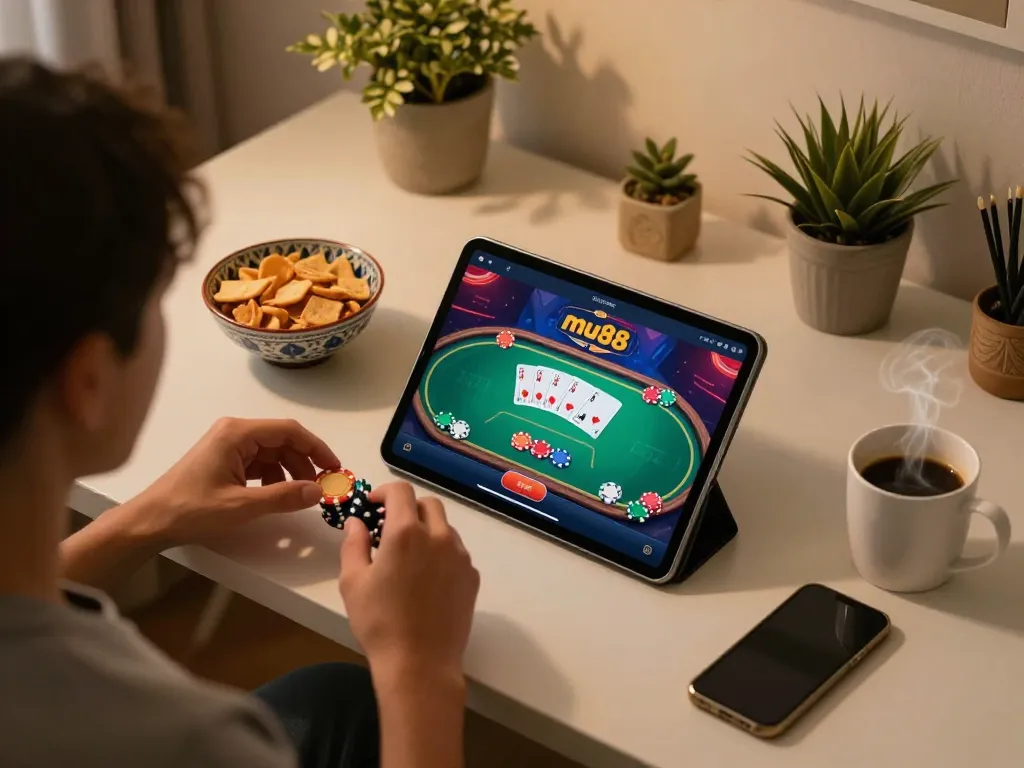 Engaging with mu88 casino app for strategic online poker gameplay in a cozy home setting