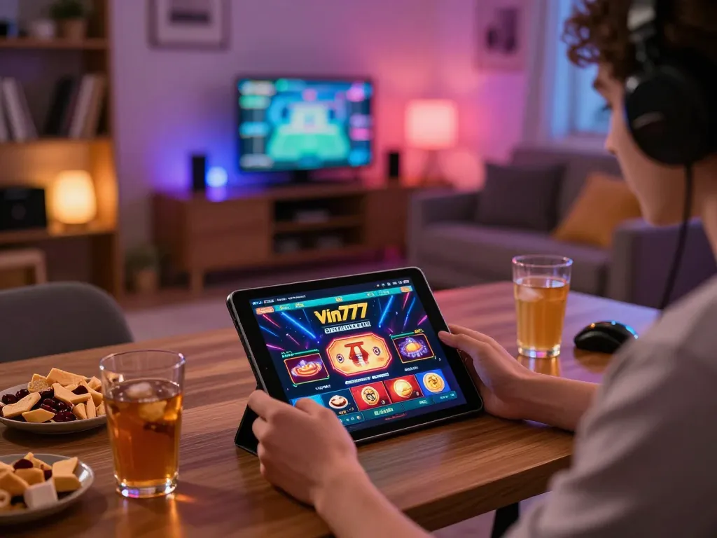 Engaging with vin777 online casino on a tablet in a lively home setting