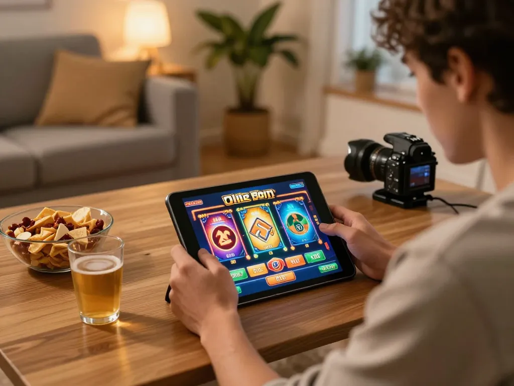 Player engaging with slot games on a tablet, showing NOHU90 interface in cozy home setup.