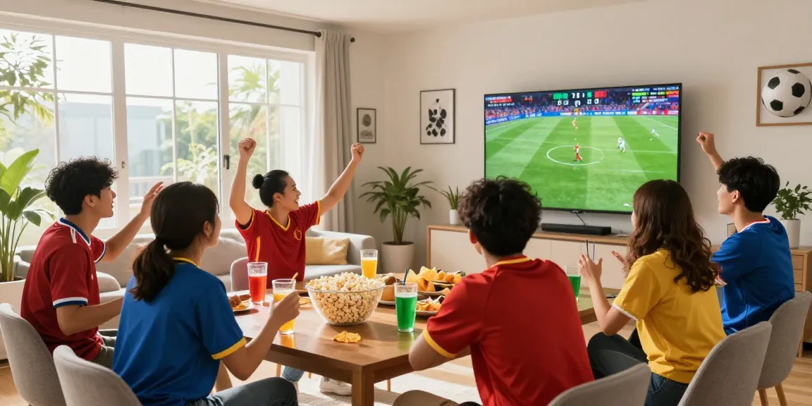 CakhiaTV fans enjoying a live football game together in a vibrant living room setting, filled with excitement and snacks.