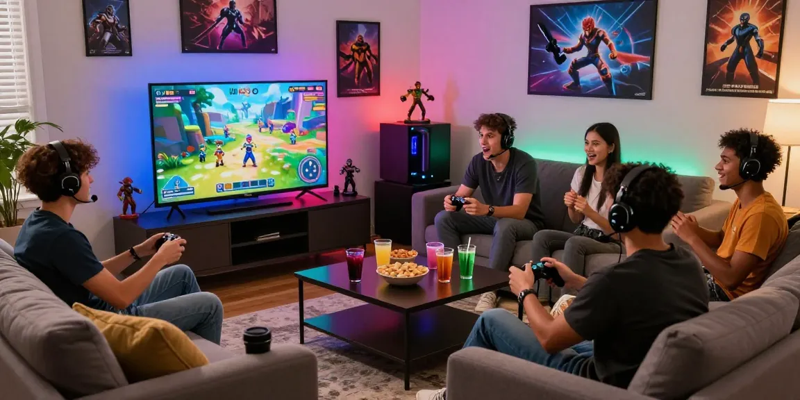 Exciting MMOO gaming scene with friends in a cozy living room.
