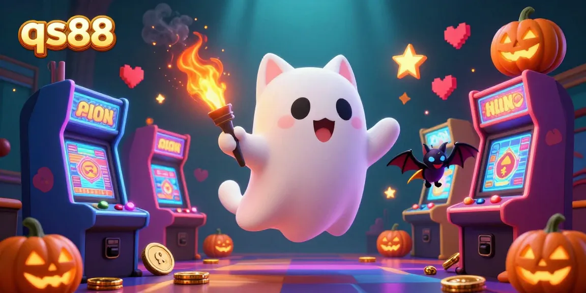 Engage in thrilling gameplay at qs88 with ghost cat and vampire bat in a vibrant casino scene.