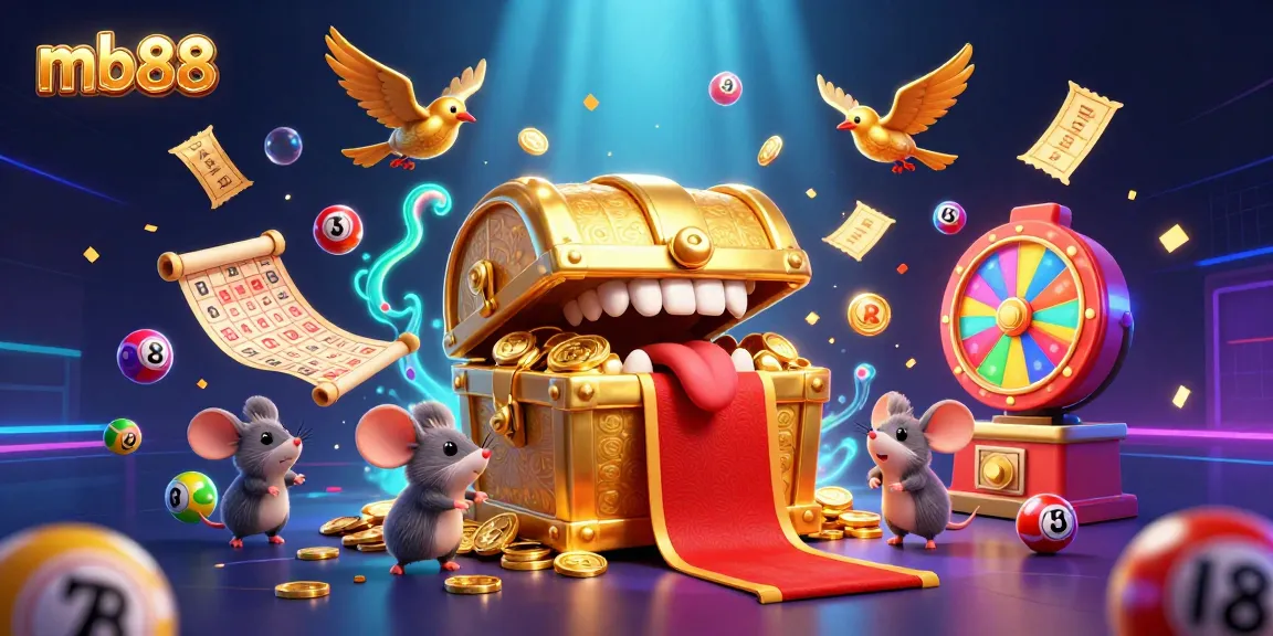 Experience mb88’s vibrant casino scene with golden treasures and dynamic lottery elements.