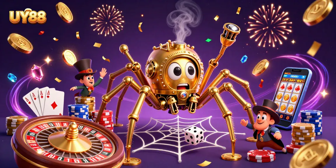 Experience thrilling moments at UY88, featuring a steampunk spider and vibrant casino elements.